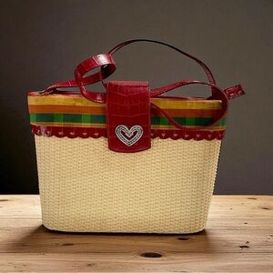 Brighton Unmarked inspired VTG Woven Tote Bag with Red Croc Trim & Heart Accent
